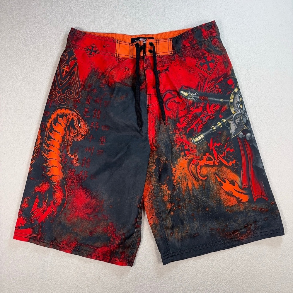 MMA Elite 10" Swim Shorts Men S Red Mesh Lined Snake Chinese Character Asian Y2K